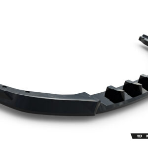 Curved black aftermarket car bumper lip with a glossy finish and inner serrated edge, displayed on a white background with Maxton Design branding in the corner.