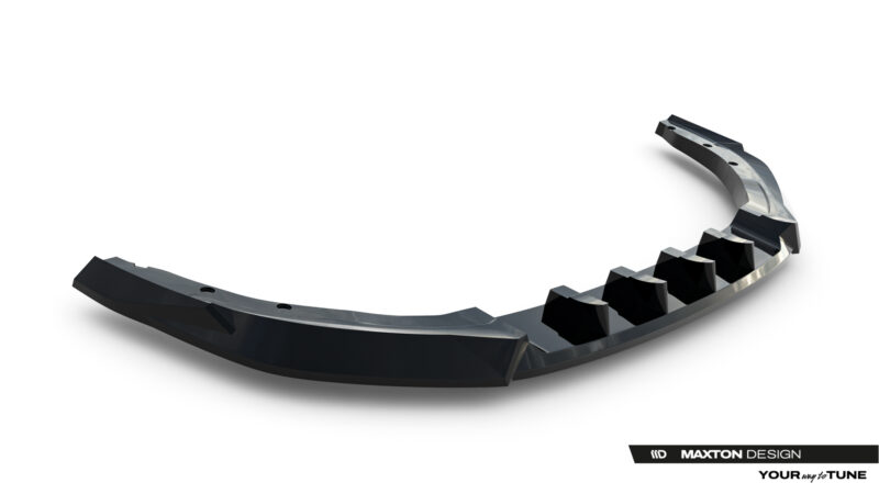 Curved black aftermarket car bumper lip with a glossy finish and inner serrated edge, displayed on a white background with Maxton Design branding in the corner.