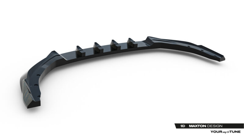 Curved black automotive body trim with multiple mounting tabs along the inner edge, likely a diffuser or side-sill component from Maxton Design.