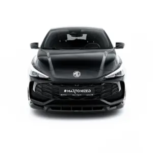 Front view of a glossy black MG car with a bold grille and '#MAXTONIZED' on the plate against a white background.