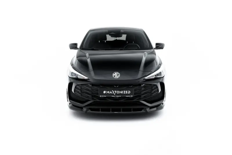 Front view of a glossy black MG car with a bold grille and '#MAXTONIZED' on the plate against a white background.