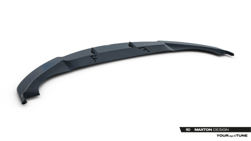 Curved dark blue car bumper lip spoiler with small fins, shown against a white background (Maxton Design branding).