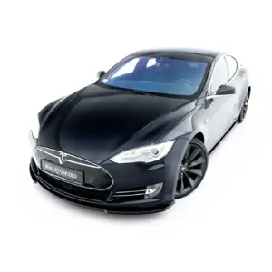 Front-left angled view of a black Tesla sedan against a white background, showing its glossy hood and windshield edge.