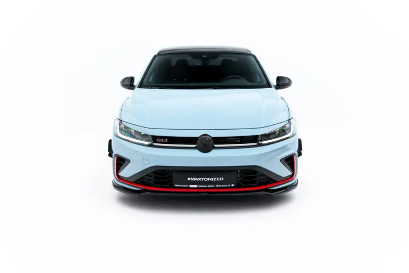 pol_po_Front-Splitter-V-2-Volkswagen-Jetta-GLI-Mk7-Facelift-2-23930_1webp - OPSHOLDERS Front view of a light-blue car with a black grille and LED headlights against a white background.