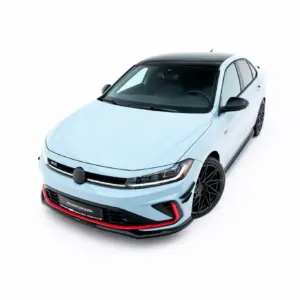 Angled front-left view of a light blue hatchback with a black roof on a white backdrop, showcasing its sporty design.