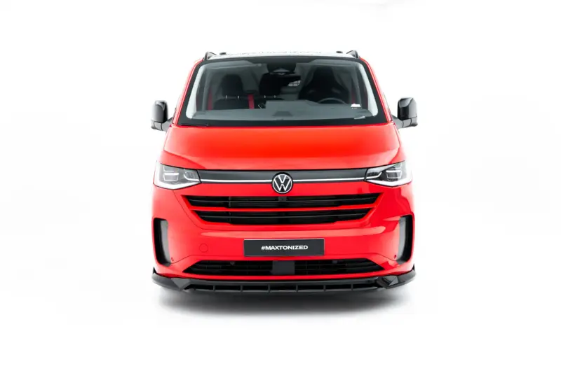 Front view of a red Volkswagen van with the VW emblem and '#MAXTONIZED' on a dark license plate against a white backdrop.