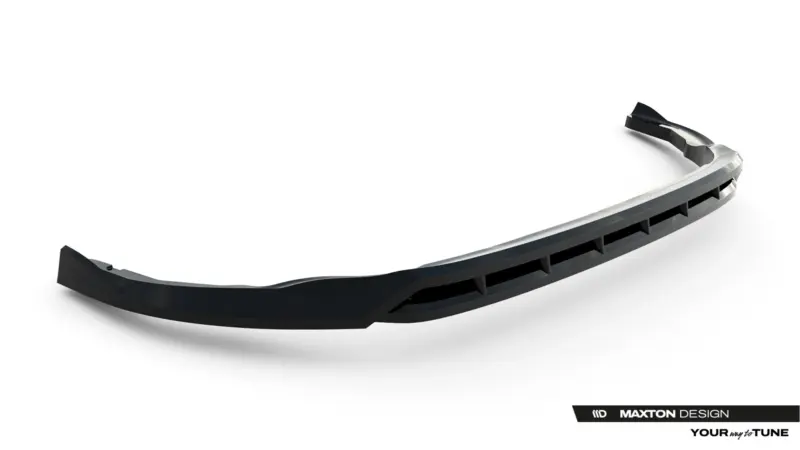 Curved black aftermarket car bumper lip spoiler with ribbed underside, shown diagonally across a white background (Maxton Design)