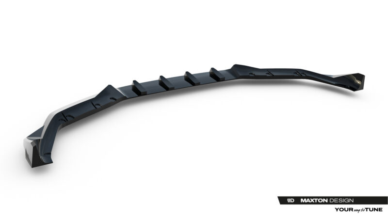 Curved black automotive aero splitter/bumper lip with vertical fins, Maxton Design branding.