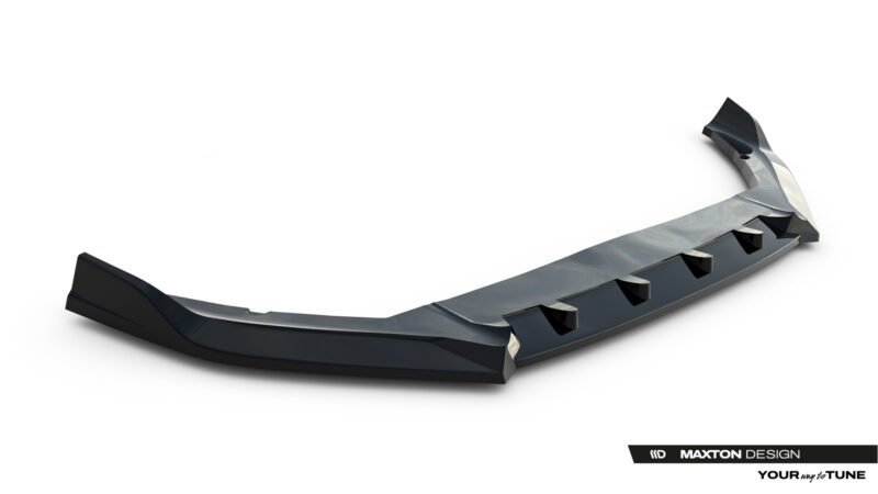 Glossy black curved automotive body part (spoiler/diffuser) laid diagonally on a white studio background with a Maxton Design logo nearby.