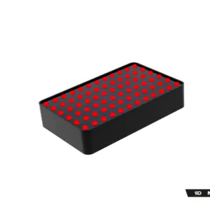 Black rectangular tray with a top grid of evenly spaced red circular holes (perforated surface).