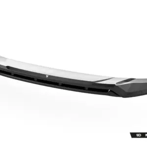 Low-angle view of a long carbon-fiber rear spoiler for a sports car, with sculpted aerodynamic curves and endplates.