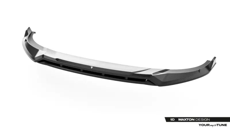 Low-angle view of a long carbon-fiber rear spoiler for a sports car, with sculpted aerodynamic curves and endplates.