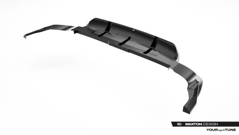 3D render of a black automotive aero part with curved fins, angled view, Maxton Design branding present.