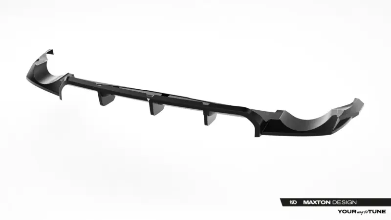 Long carbon-fiber car spoiler with curved wing tips and mounting posts against a white background.