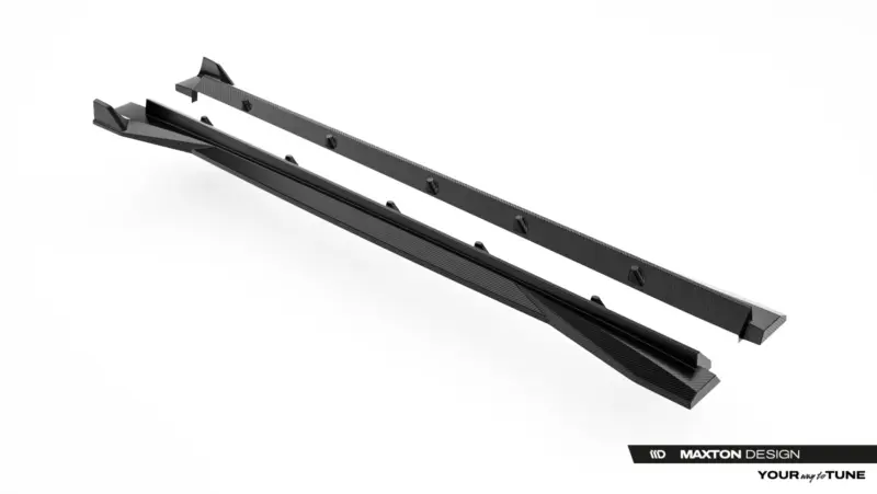 pol_po_Prepreg-Carbon-Fiber-Side-Skirts-Audi-RSQ8-Mk1-Facelift-23817_3webp - OPSHOLDERS Carbon fiber roof rack crossbars with mounting feet, angled in a white studio setting, branded Maxton Design