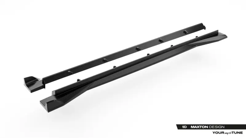 pol_po_Prepreg-Carbon-Fiber-Side-Skirts-Audi-RSQ8-Mk1-Facelift-23817_4webp - OPSHOLDERS Two carbon-fiber roof rack cross bars with mounting clips laid diagonally across a white studio background (Maxton Design branding visible).