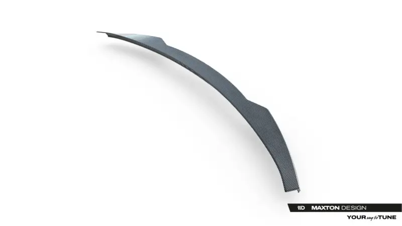 pol_po_Prepreg-Carbon-Fiber-Tailgate-Spoiler-Lower-Audi-RSQ8-Mk1-Facelift-23813_3webp - OPSHOLDERS Decorative curved carbon-fiber ribbon across a white background with a Maxton Design logo at the bottom corner.