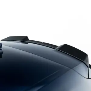 Close-up of a dark car roof showing a carbon-fiber rear spoiler along the edge of the trunk area