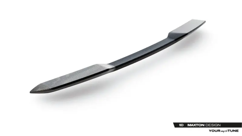 Long curved carbon fiber strip with diagonal weave on a white background, Maxton Design branding visible in the bottom-right corner.