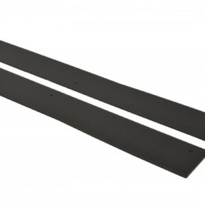 Two long black rectangular rails with small holes at their ends lying diagonally on a white background (identical parts).