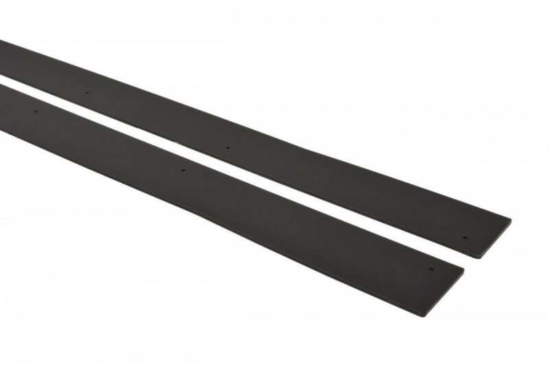 Two long black rectangular rails with small holes at their ends lying diagonally on a white background (identical parts).