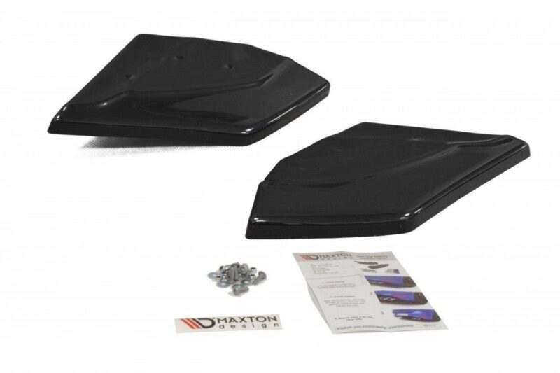 Two black plastic aero panels with mounting hardware, an instruction sheet, and a Maxton Design sticker on a white background.