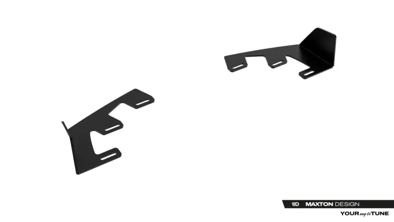 Two black metal mounting brackets separated in space on a white background, with a Maxton Design watermark in the corner.