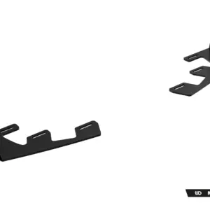 Two black metal mounting brackets with three slotted tabs, viewed diagonally on a white background.