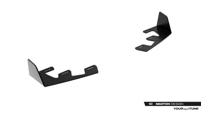 Two black metal mounting brackets with three slotted tabs, viewed diagonally on a white background.