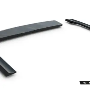 Close-up of two glossy black car side skirts or trim pieces laid on a white background, with Maxton Design branding visible in the corner.