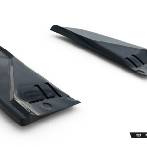 Two glossy dark gray car aero splitters placed on a white background, with Maxton Design branding visible in the corner.
