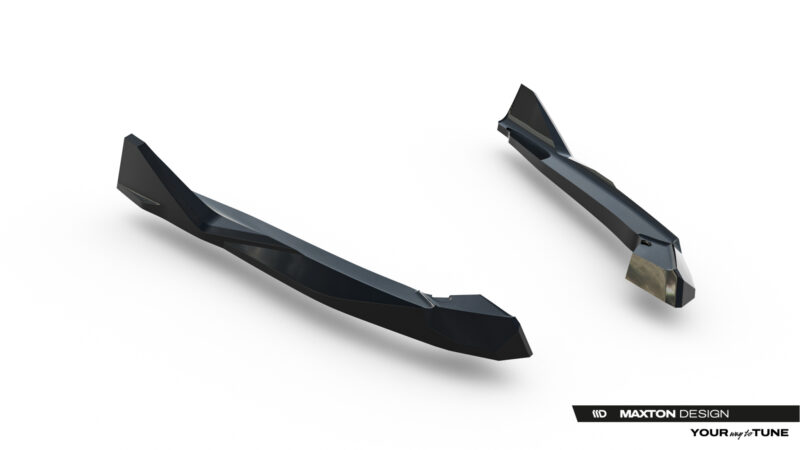 Futuristic black angular sunglasses floating on a white background.