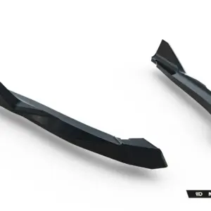 Futuristic black angular sunglasses with mirrored lenses floating on a white background; Maxton Design logo at the bottom right.