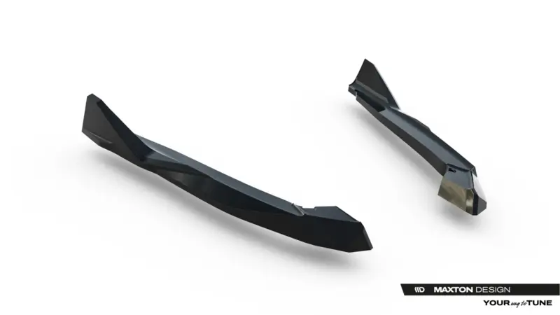 Futuristic black angular sunglasses with mirrored lenses floating on a white background; Maxton Design logo at the bottom right.