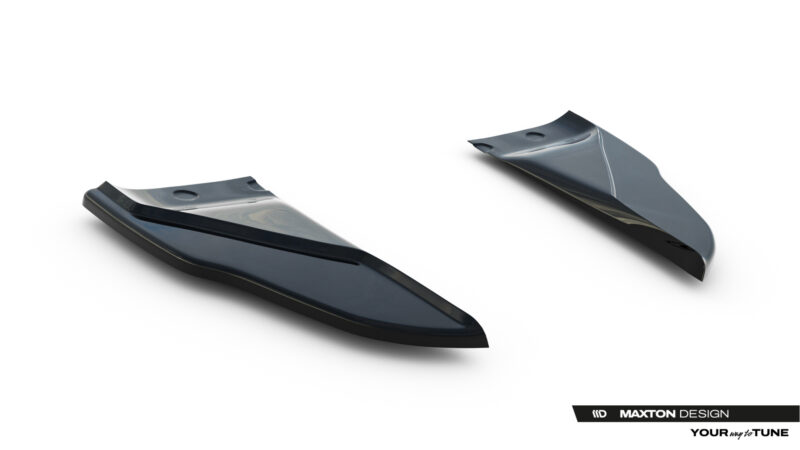 pol_po_Rear-Side-Splitters-V-2-Tesla-Model-S-Mk1-23945_1jpg - OPSHOLDERS Two glossy curved car spoiler pieces in dark gray on a white studio backdrop, Maxton Design branding visible.