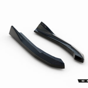 Two glossy black automotive aero parts (likely side skirts/spoilers) laid on a white background, with Maxton Design branding visible in the corner.