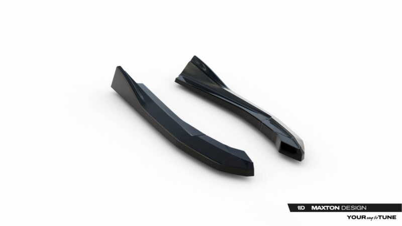 Two glossy black automotive aero parts (likely side skirts/spoilers) laid on a white background, with Maxton Design branding visible in the corner.