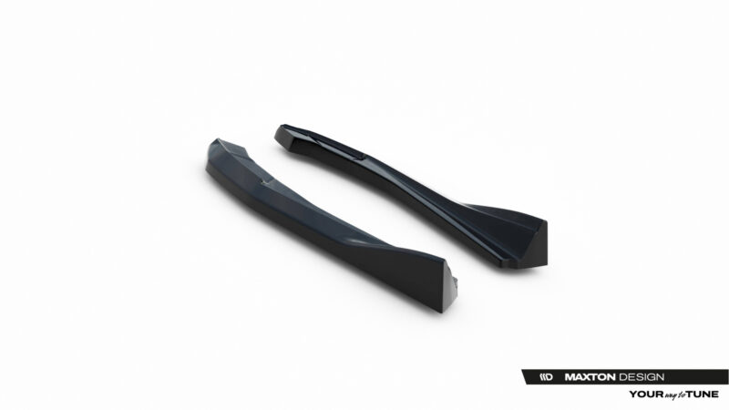Pair of glossy black car side window visors on a white background with Maxton Design branding at the bottom-right.