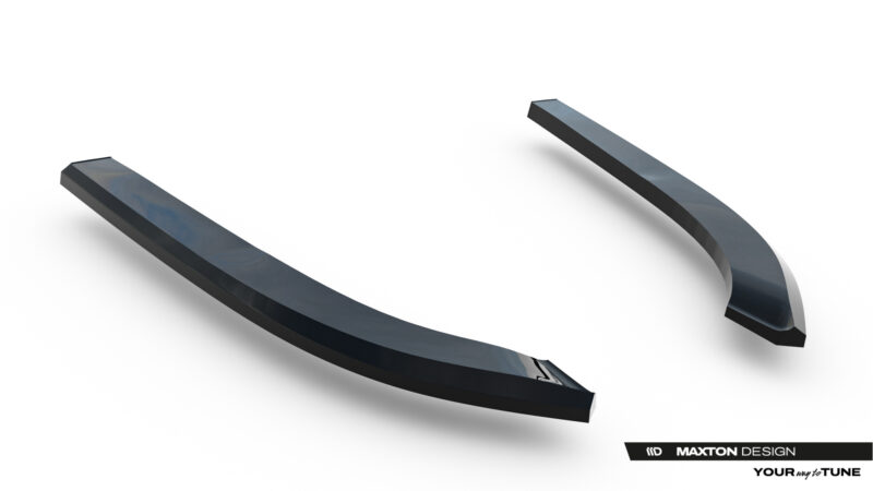pol_po_Rear-Side-Splitters-Volkswagen-Jetta-GLI-Mk7-Facelift-2-23932_1jpg - OPSHOLDERS Two curved, glossy black metal strips floating on a white background, with a Maxton Design logo visible in the bottom-right corner.
