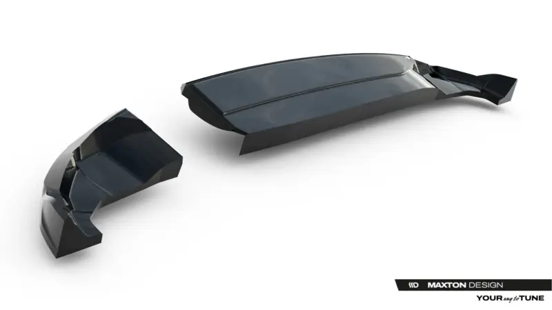 Exploded view of dark metallic car body panels arranged on a white studio background with Maxton Design branding in the corner.