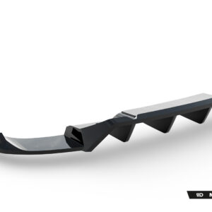 Long glossy automotive diffuser/spoiler blade with multiple angular fins on a white background, curved in a gentle arc.