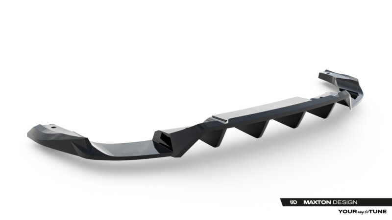 Long glossy automotive diffuser/spoiler blade with multiple angular fins on a white background, curved in a gentle arc.