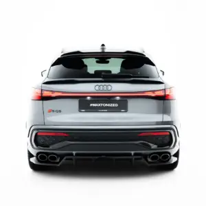 Rear view of a white Audi SQ5, showing red tail lights and a #MAXTONIZED license plate on the trunk edge.