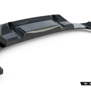 Glossy black automotive bumper lip/spoiler on a white background, showing an aerodynamic curved design with central raised section.