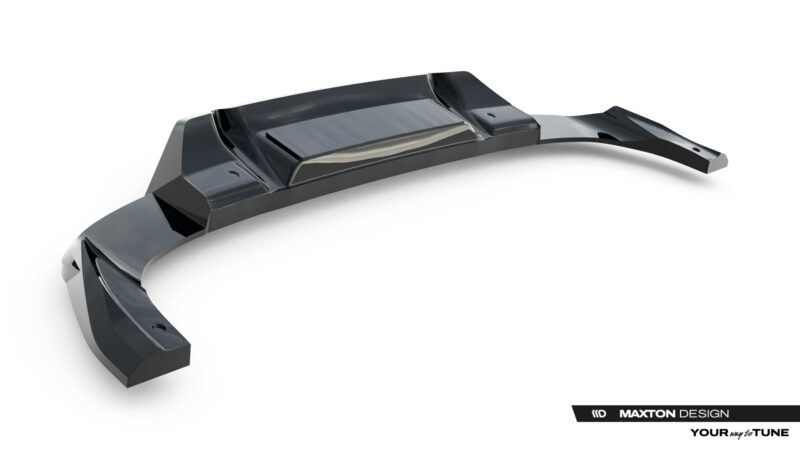 Glossy black automotive bumper lip/spoiler on a white background, showing an aerodynamic curved design with central raised section.