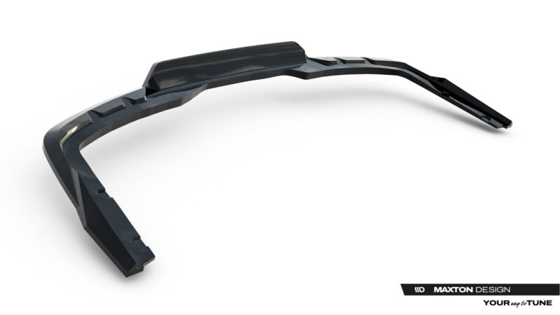 Black curved automotive trim piece with mounting clips, likely an aerodynamic spoiler/diffuser component on a white background
