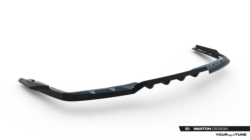 Curved black car front splitter or bumper lip with mounting tabs, shown against a white background (Maxton Design).