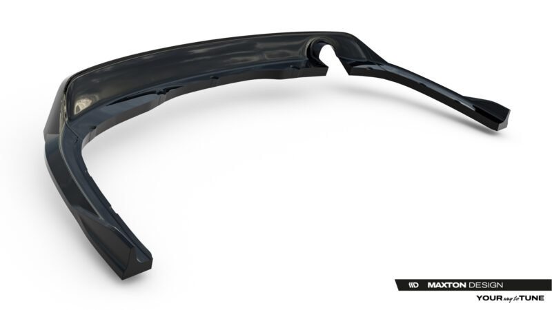 Glossy black curved automotive bumper lip piece with clips, shown on a white background; Maxton Design branding visible in the corner