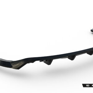 Curved automotive spoiler/bumper lip shown from a low angle, glossy black finish with a Maxton Design logo in the corner.