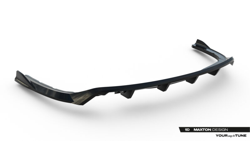 Curved automotive spoiler/bumper lip shown from a low angle, glossy black finish with a Maxton Design logo in the corner.